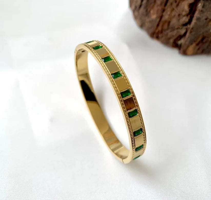 Premium stainless steel golden handcuff bracelet for women with green stones | Muntaha Store