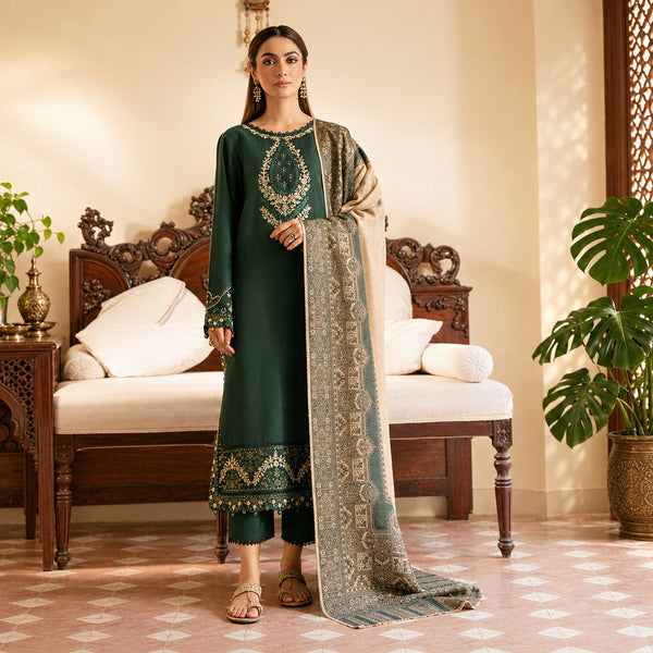Woman in a green embroidered outfit with a matching shawl standing in a decorated room.