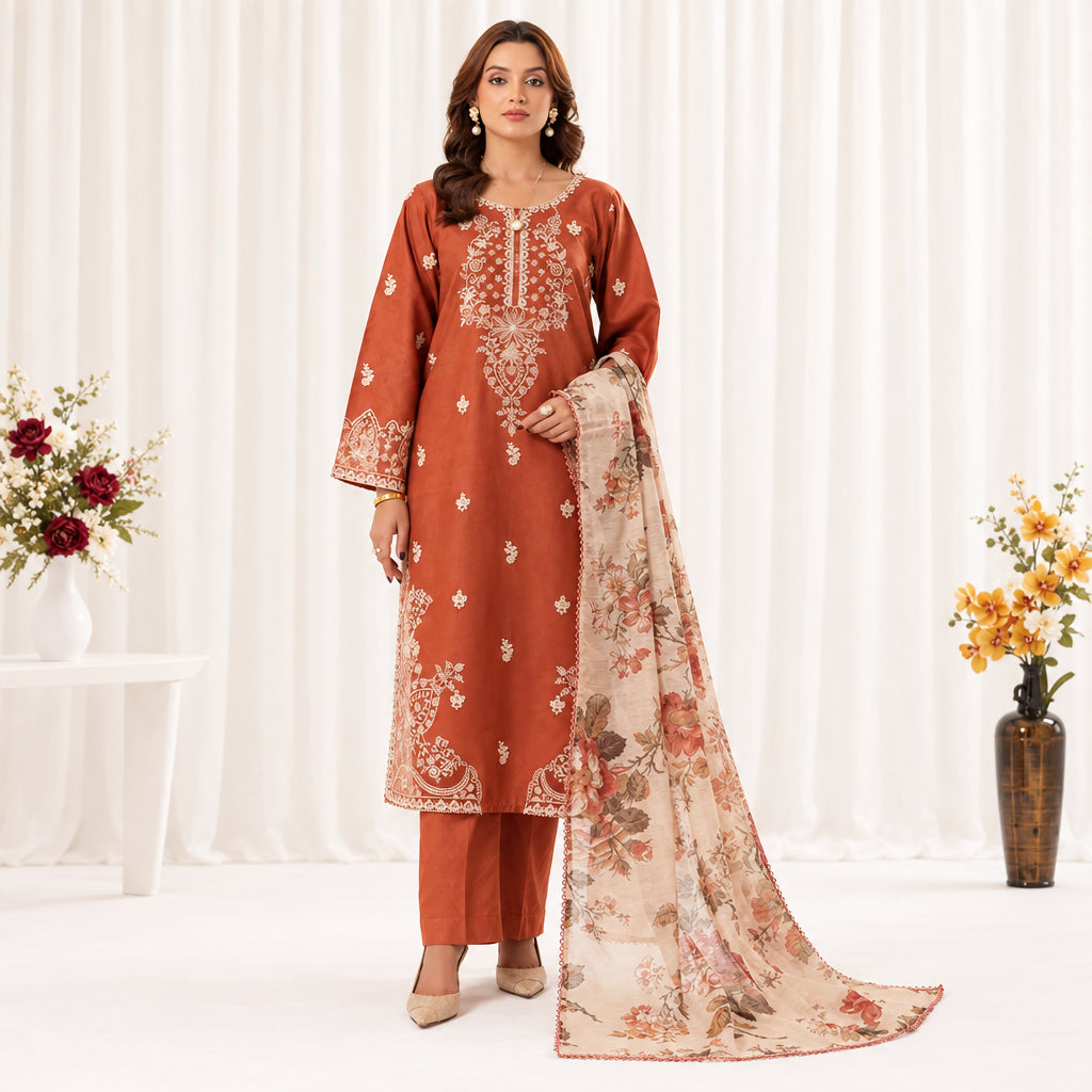 Pure Dhanak heavy embroidered 3 piece suit with dupatta | Muntaha Store