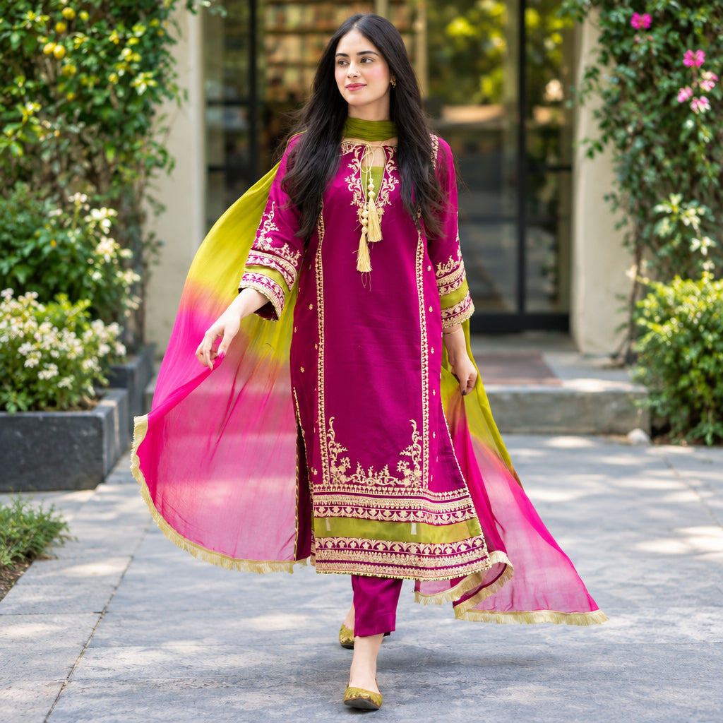 Woman in a vibrant pink and yellow traditional outfit standing outdoors.
Pure Dhanak heavy embroidered 3 piece suit with dupatta | Muntaha Store