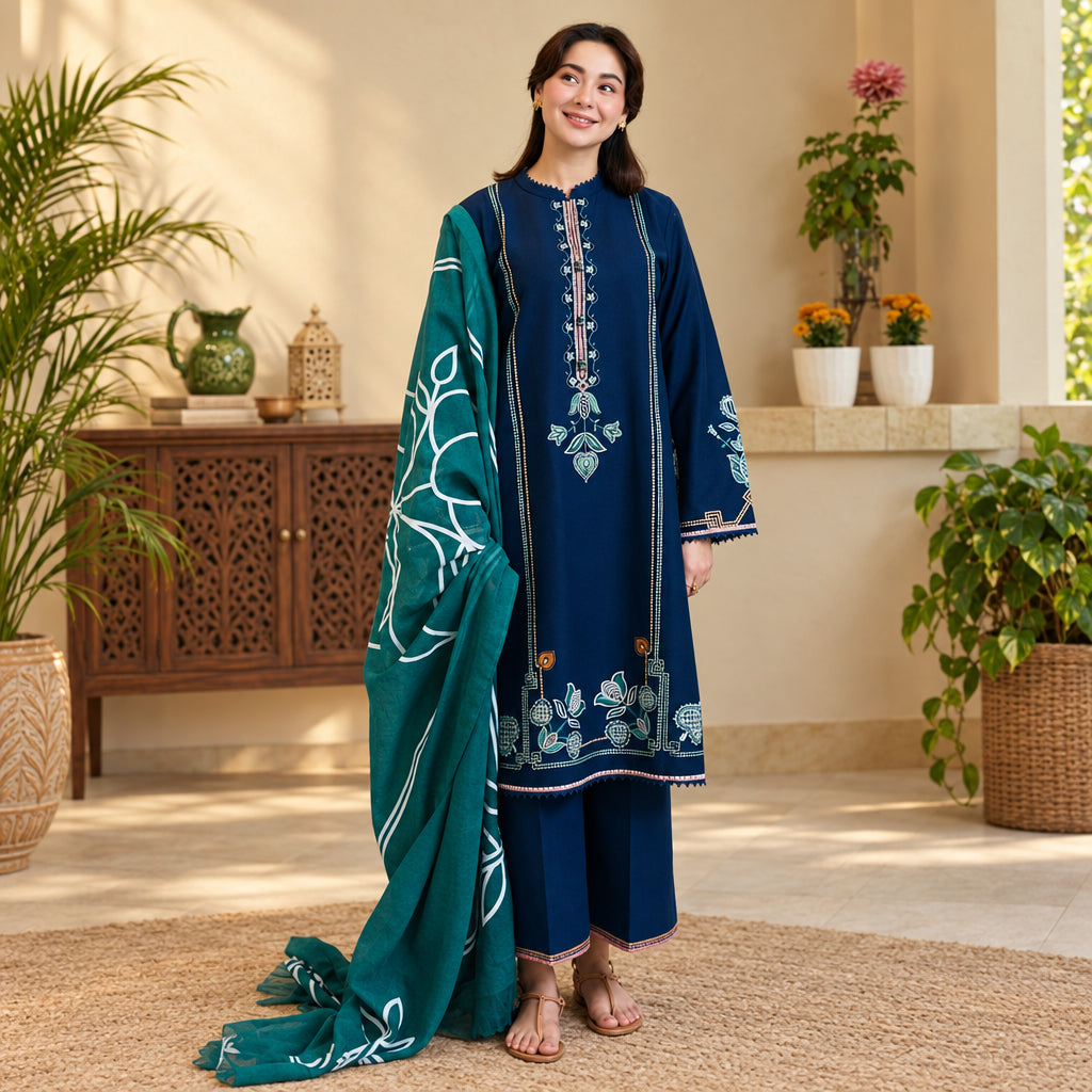 Pure Dhanak heavy embroidered 3 piece suit with dupatta | Muntaha Store