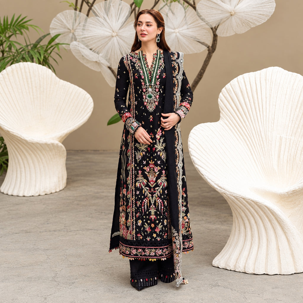 Qalamkar premium embroidered Dhanak 3 piece suit with shawl in black | Muntaha Store