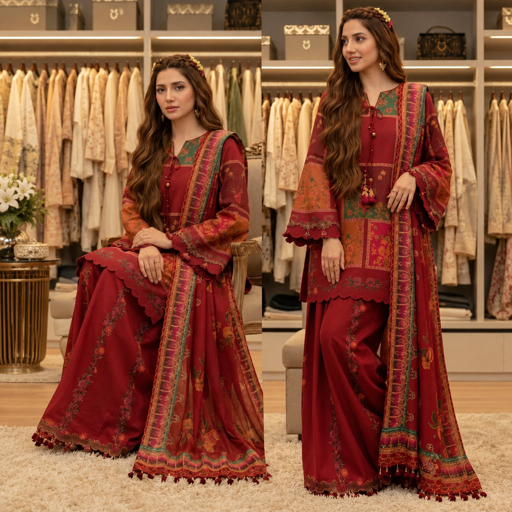 A woman modeling a traditional South Asian outfit in a boutique setting, shown in a side-by-side split view. The outfit consists of a deep red kurta and matching pants with ornate multicolor embroidery and a coordinating dupatta.