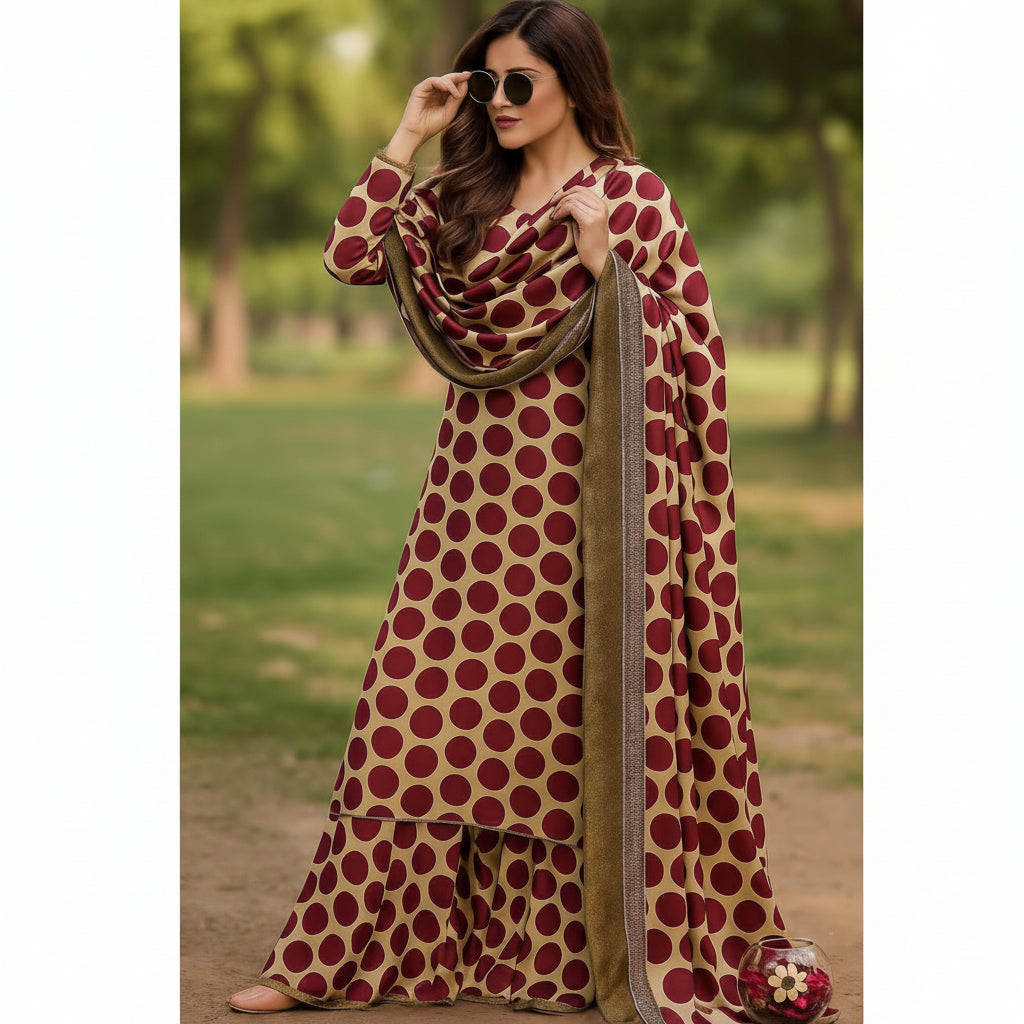 A woman wearing a beige salwar suit with large maroon polka dots and a matching dupatta with a metallic border, standing outdoors in a park setting.