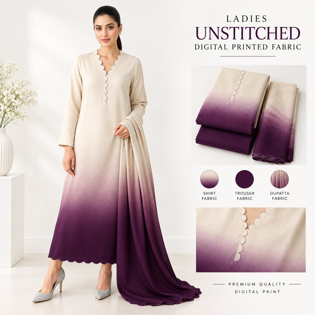 Woman wearing a long, gradient dress with beige at the top and purple at the bottom on a white background.