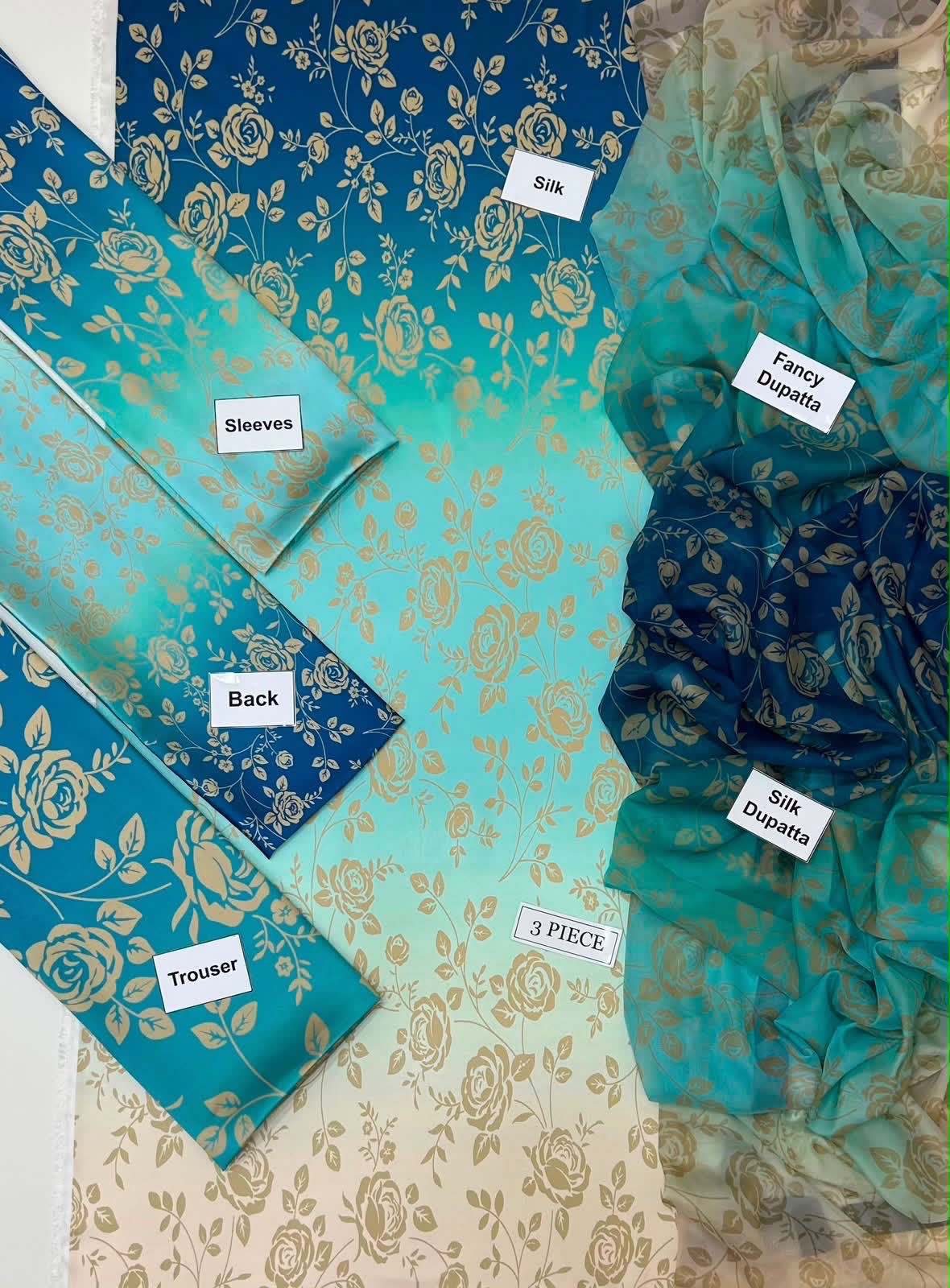 A 3-piece women's salwar suit fabric set in shades of teal, blue, and green, featuring a gold floral brocade pattern. The set includes a main fabric body, a silk dupatta, a silk sleeve, and a silk trouser, all labeled with small white stickers.