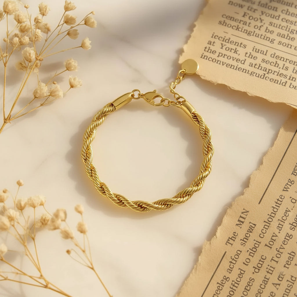 Gold braided bracelet on a textured surface with dried flowers and newspaper.
