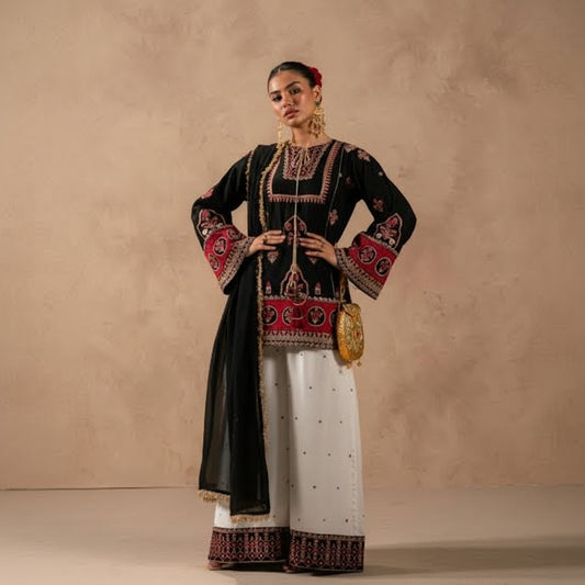 A woman models a traditional South Asian outfit featuring a black embroidered kurta with red and gold details, paired with a white skirt and a black dupatta, set against a textured beige studio backdrop.