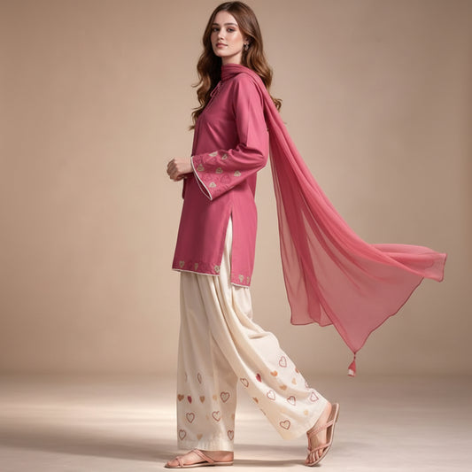 Woman wearing a pink top and white pants with heart patterns on a beige background