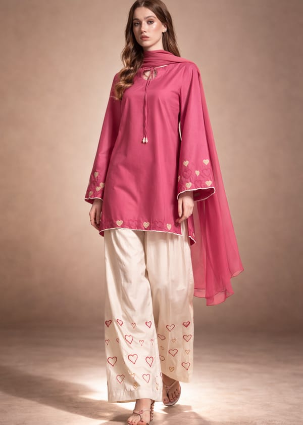 Women’s Lawn 3 Piece Suit | Rose Pink Shirt with Chiffon Dupatta & Ivory Trouser
