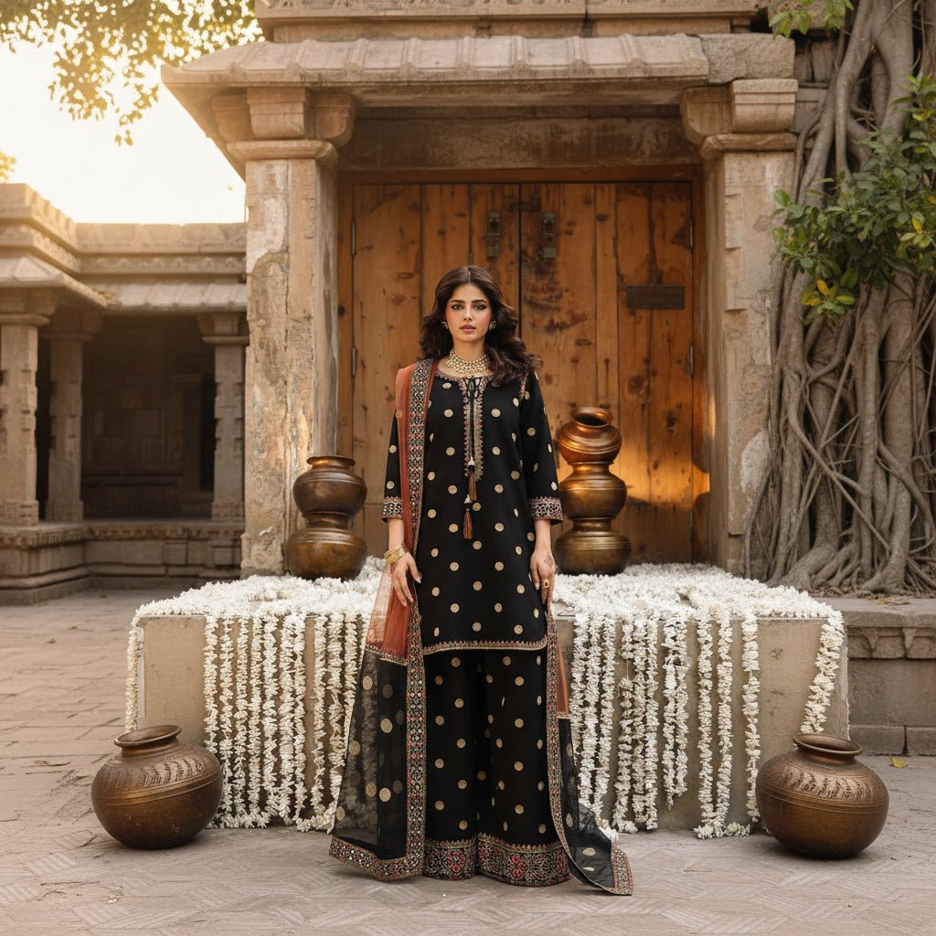 Woman in traditional black and gold outfit with decorative elements in a rustic setting.
