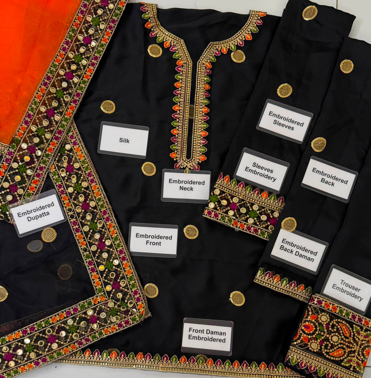 Black embroidered traditional clothing laid flat on a white background, showing a kurta or tunic with ornate multicolor beadwork and mirror work, plus matching embroidered dupatta and trouser fabric. White labels identify parts such as the silk neck, embroidered neck, sleeves, back, front daban embroidered, and dupatta.