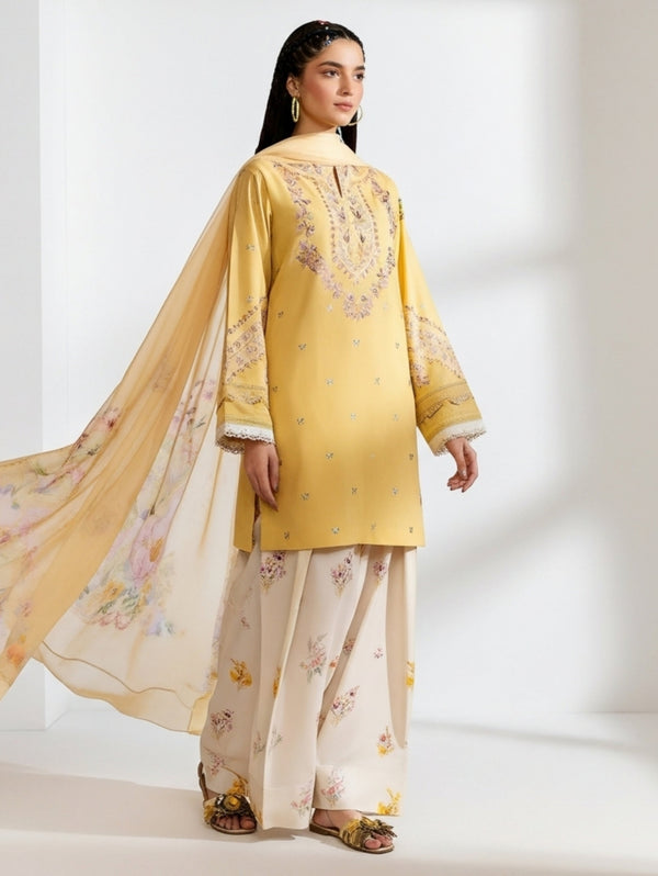 Mustard Yellow Embroidered Stitched 3 Piece Suit