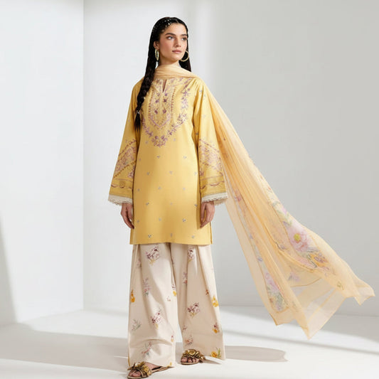 Mustard Yellow Embroidered Stitched 3 Piece Suit