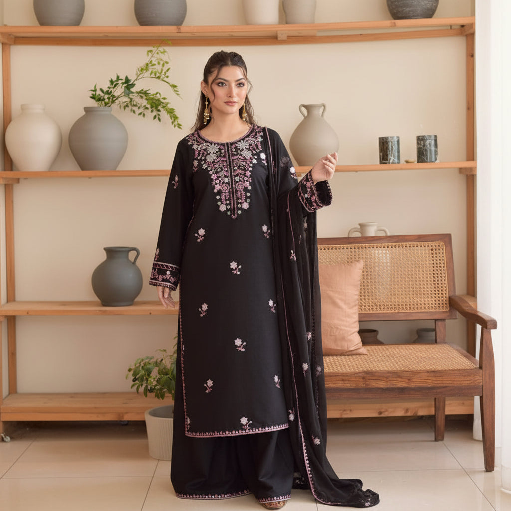 Woman wearing a black embroidered outfit in a room with wooden shelves and decorative items.