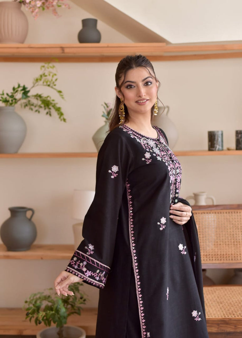 Elegant Ladies Black Embroidered Stitched Cotton Lawn 3-Piece Suit