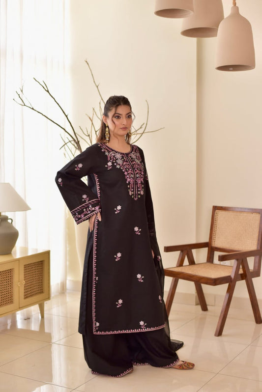 Elegant Ladies Black Embroidered Stitched Cotton Lawn 3-Piece Suit