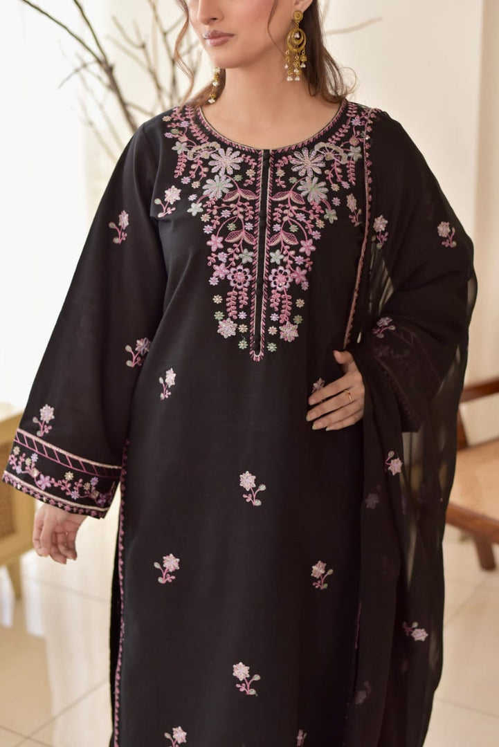 Elegant Ladies Black Embroidered Stitched Cotton Lawn 3-Piece Suit