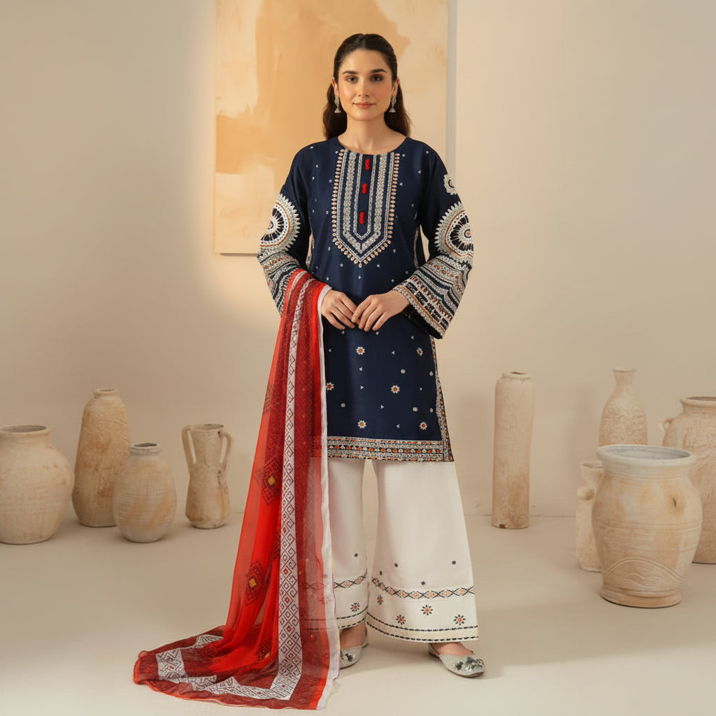 A woman models a traditional South Asian outfit consisting of a navy blue kurta with intricate white and red embroidery, white wide-leg pants, and a red dupatta with white borders, set against a warm beige background with decorative ceramic vases.