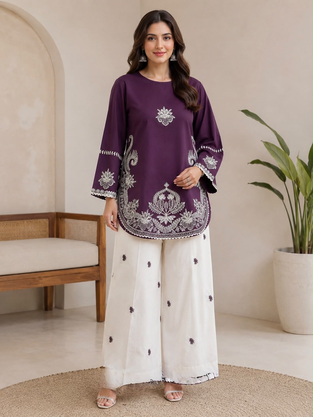Ladies 2 Piece Cotton Embroidered Suit in Multi Colours