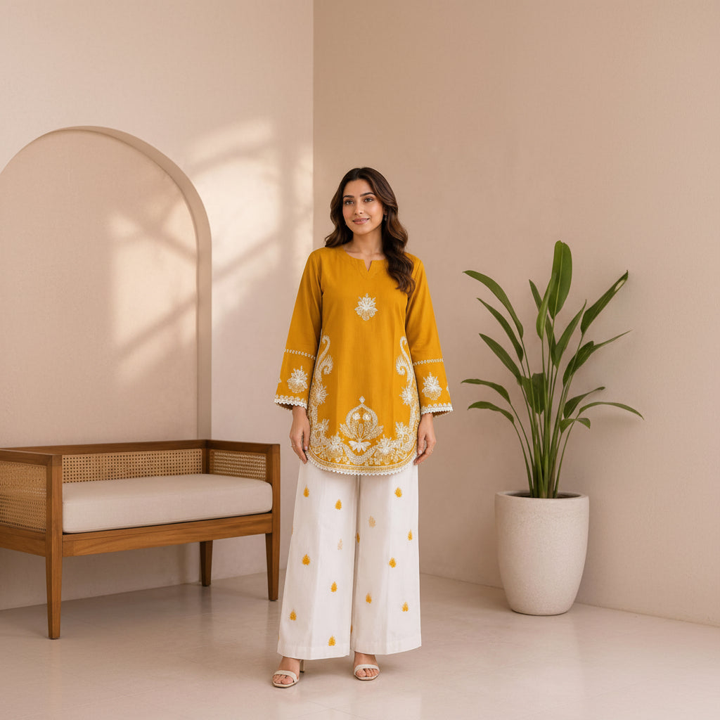 A woman modeling a mustard yellow kurta with white embroidery and white wide-leg pants in a styled indoor setting with a bench and potted plant.