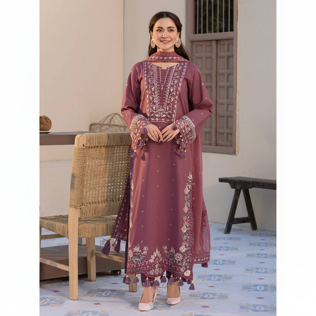 Embroidered Cotton Lawn 3-Piece Stitched Suit with Chiffon Embroidered Dupatta
