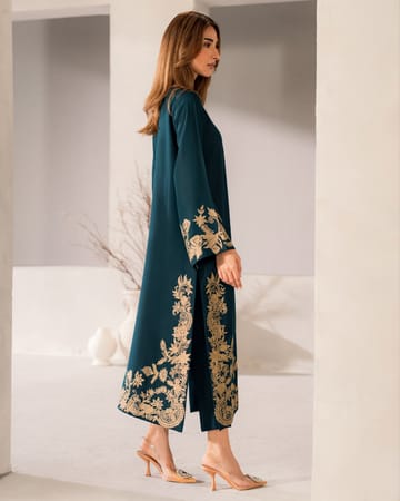 Elegant Teal Silk Printed 2PC Suit | Luxury Printed Dress, Women’s Silk Suit