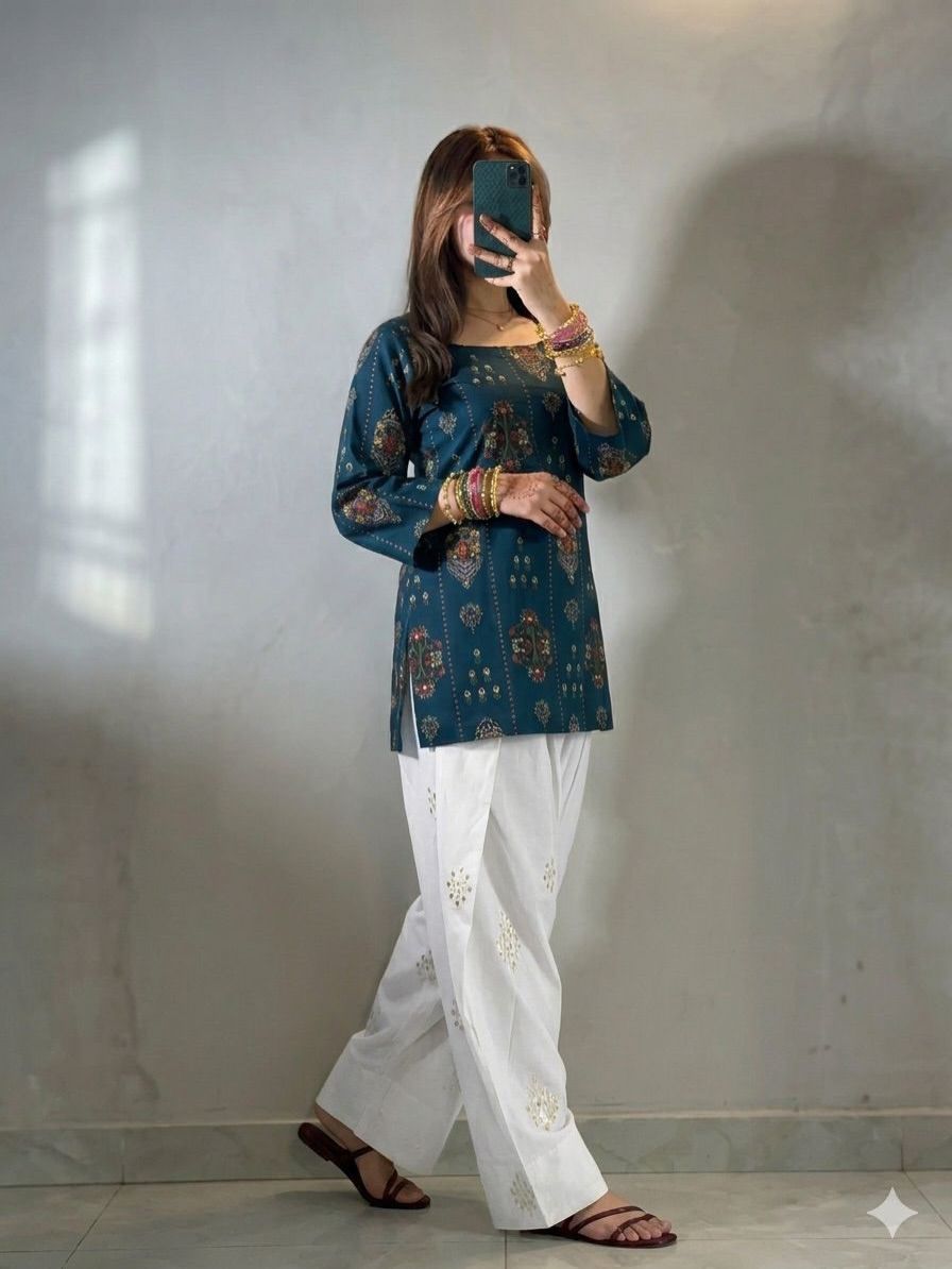 Person wearing a blue patterned top and white pants against a plain wall.