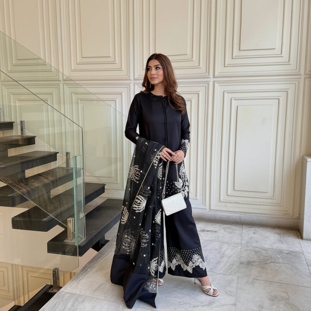 Woman in a stylish outfit standing in a elegant interior setting