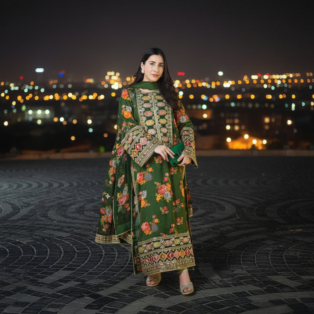 Woman in a green embroidered traditional outfit standing on a tiled pavement at night.