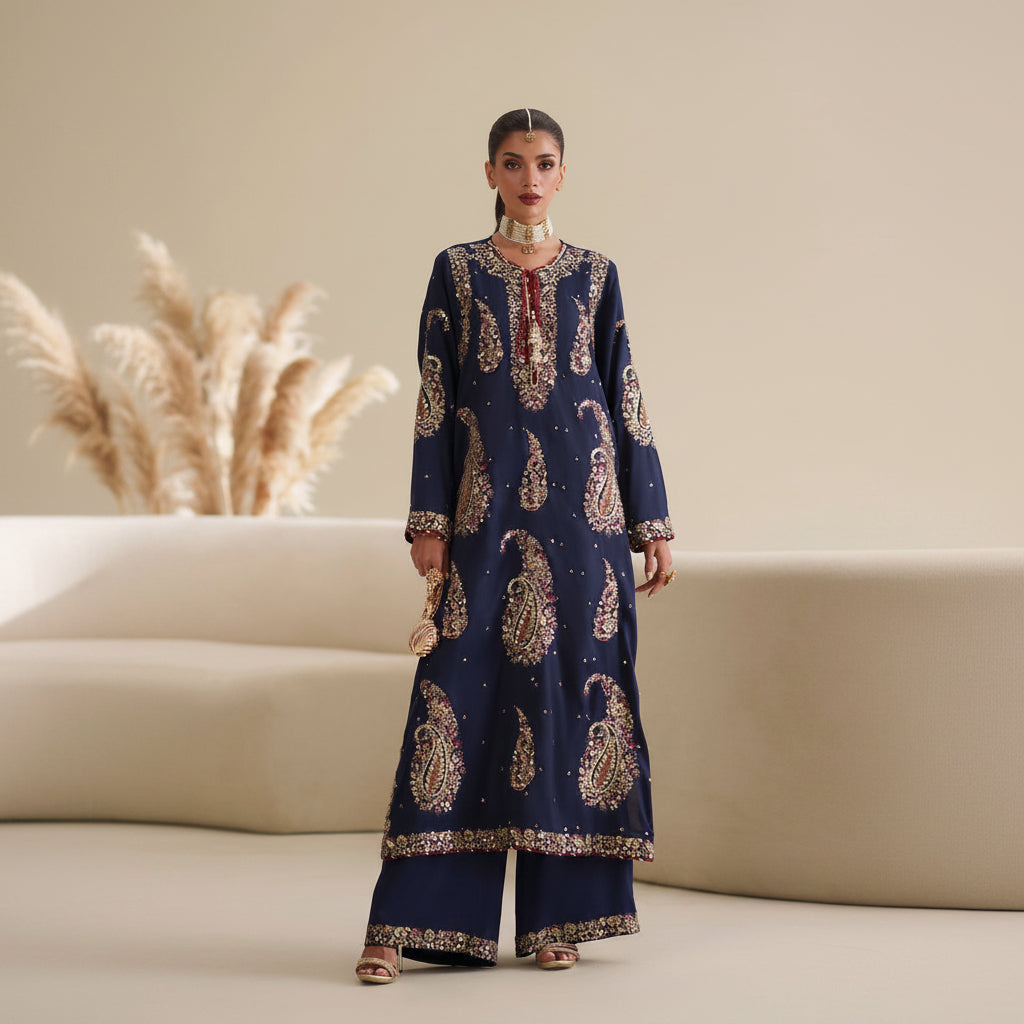 Woman wearing a navy blue embroidered outfit with gold patterns in a minimalistic setting.