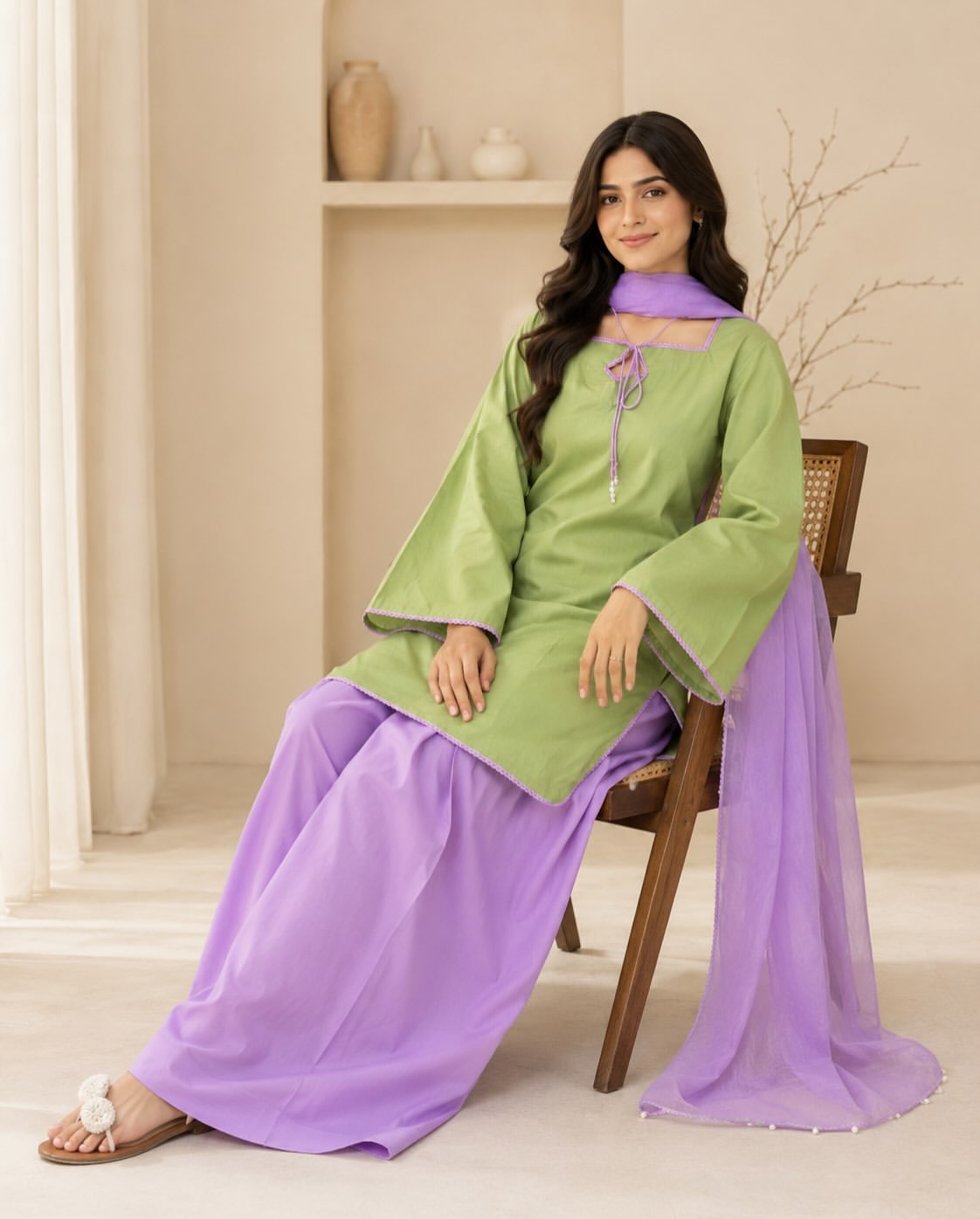 A woman seated on a wooden chair wearing a light green kurta with wide sleeves, matching wide-leg purple pants, and a sheer purple dupatta draped over the chair in an indoor studio setting.