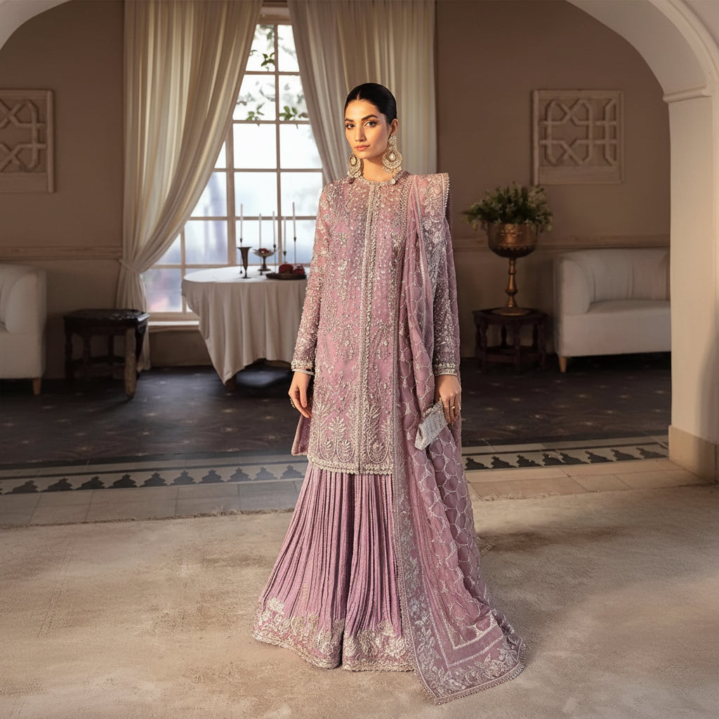 Woman in a pink embroidered traditional outfit standing in a room with decor elements.