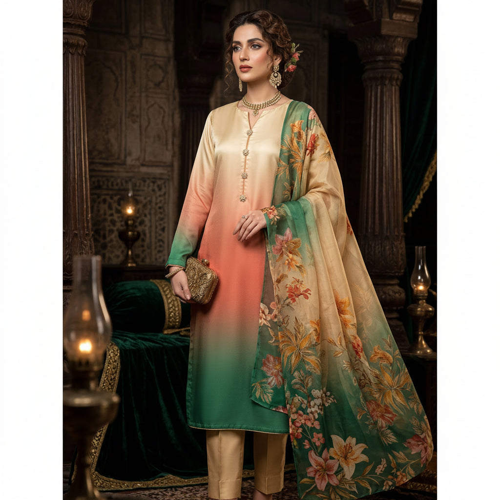 A woman models a traditional South Asian salwar kameez suit set in a dimly lit, ornate room. The set features a beige and green ombre kurta with a matching green floral dupatta and beige trousers.