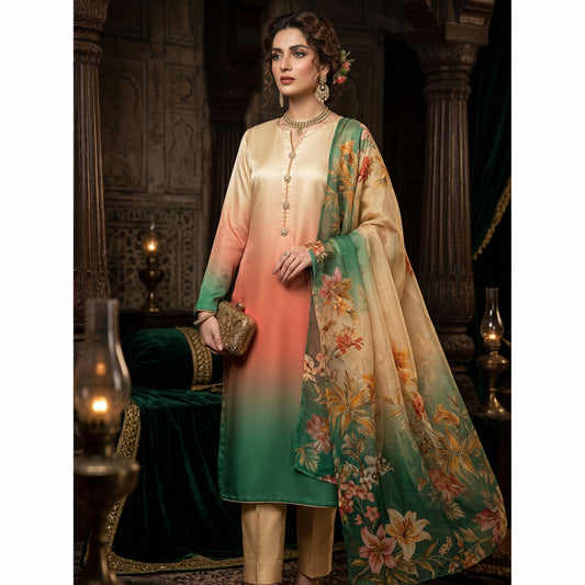 A woman models a traditional South Asian salwar kameez suit set in a dimly lit, ornate room. The set features a beige and green ombre kurta with a matching green floral dupatta and beige trousers.