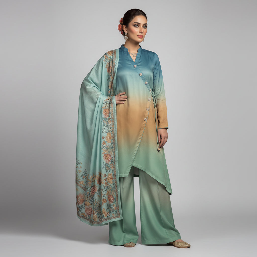 A woman models a traditional three-piece salwar kameez suit in a richly decorated room. The outfit features a gradient transition from teal blue at the top to a warm beige at the bottom, paired with matching wide-leg trousers and a sheer teal dupatta adorned with floral patterns.