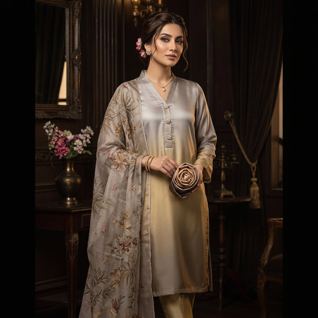 A woman models a traditional South Asian three-piece salwar kameez suit in a dark, elegant room. The set features a beige satin kurta with gold buttons, a matching beige trouser, and a sheer taupe dupatta decorated with gold and pink floral embroidery.