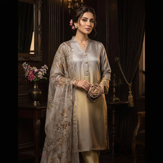 A woman models a traditional South Asian three-piece salwar kameez suit in a dark, elegant room. The set features a beige satin kurta with gold buttons, a matching beige trouser, and a sheer taupe dupatta decorated with gold and pink floral embroidery.