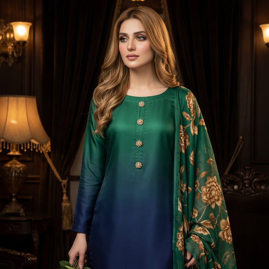 A woman models a three-piece Indian ethnic salwar kameez suit. The kurta features a gradient design transitioning from emerald green at the top to deep navy blue at the bottom, adorned with three gold button details at the neckline.