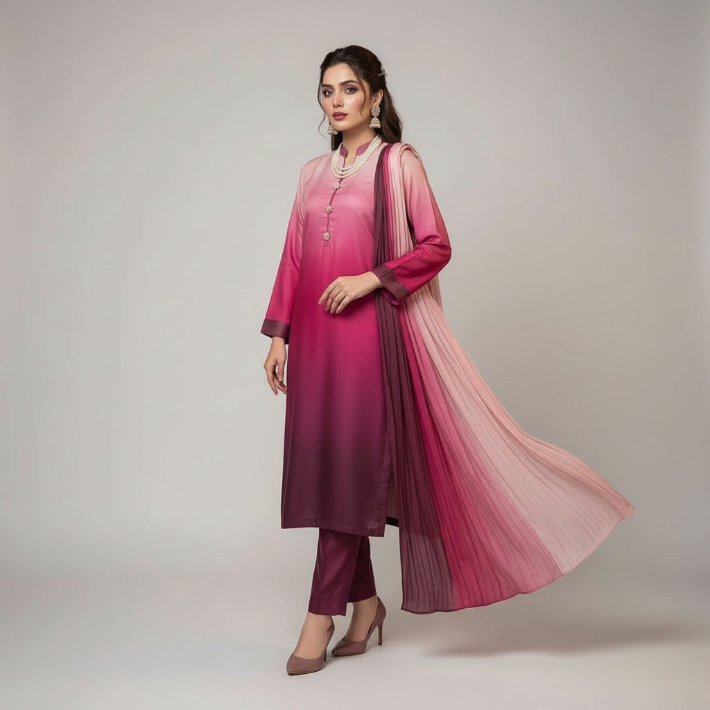 A woman models a traditional Indian outfit consisting of a pink and purple ombre kurta, matching trousers, and a sheer dupatta with a pink-to-white gradient, set against a dark wood-paneled background.