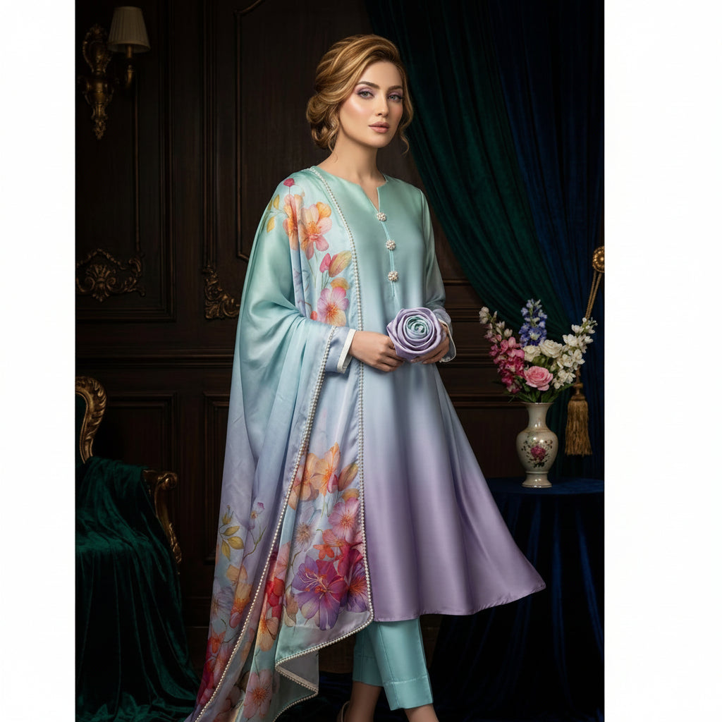 A woman models a traditional South Asian outfit featuring a light blue kurta with a lavender-purple dupatta and floral print, set against a dark, elegant room background.