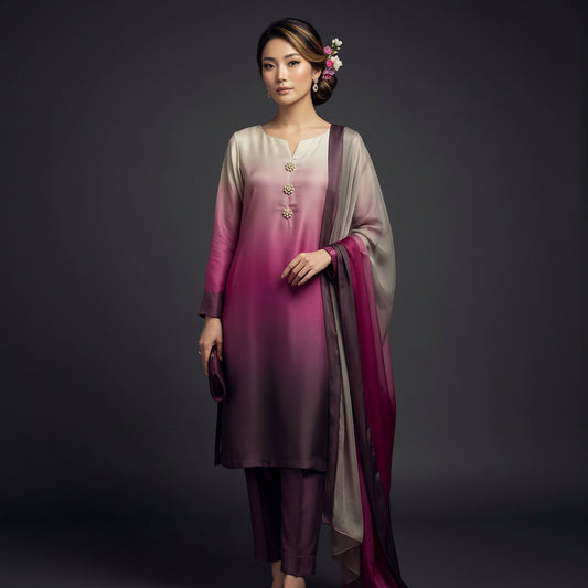 A woman models a traditional three-piece salwar kameez suit set with a gradient color story transitioning from light beige at the top to magenta pink in the middle and dark plum purple at the bottom. The set includes a beige kameez tunic with gold button details, matching trousers, and a sheer gradient dupatta draped over her shoulder, set against a dark wood-paneled background.