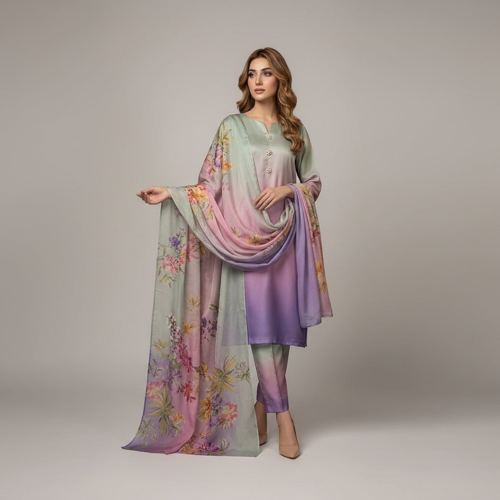 A woman models a traditional three-piece salwar kameez suit in a soft pastel gradient of pink, purple, and mint green, featuring a floral print on the dupatta and sleeves, set against a dark wood-paneled background.