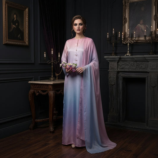 A woman stands in a dark, elegant room wearing a long flowing satin dress with a pink-to-blue gradient. She holds a small bouquet of flowers.