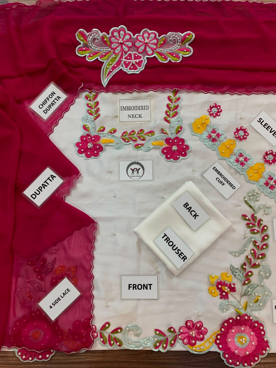 Embroidered white and magenta salwar suit fabric set with matching dupatta, labeled front, back, trouser, sleeve, and chafing dupatta, featuring colorful floral embroidery and mirror work.