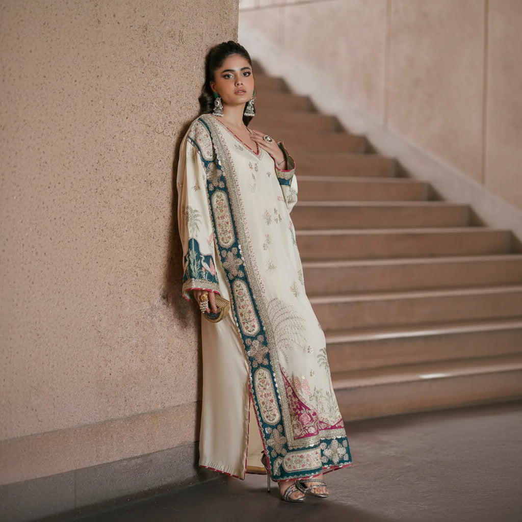 Woman in a traditional outfit standing on a staircase with a neutral wall background