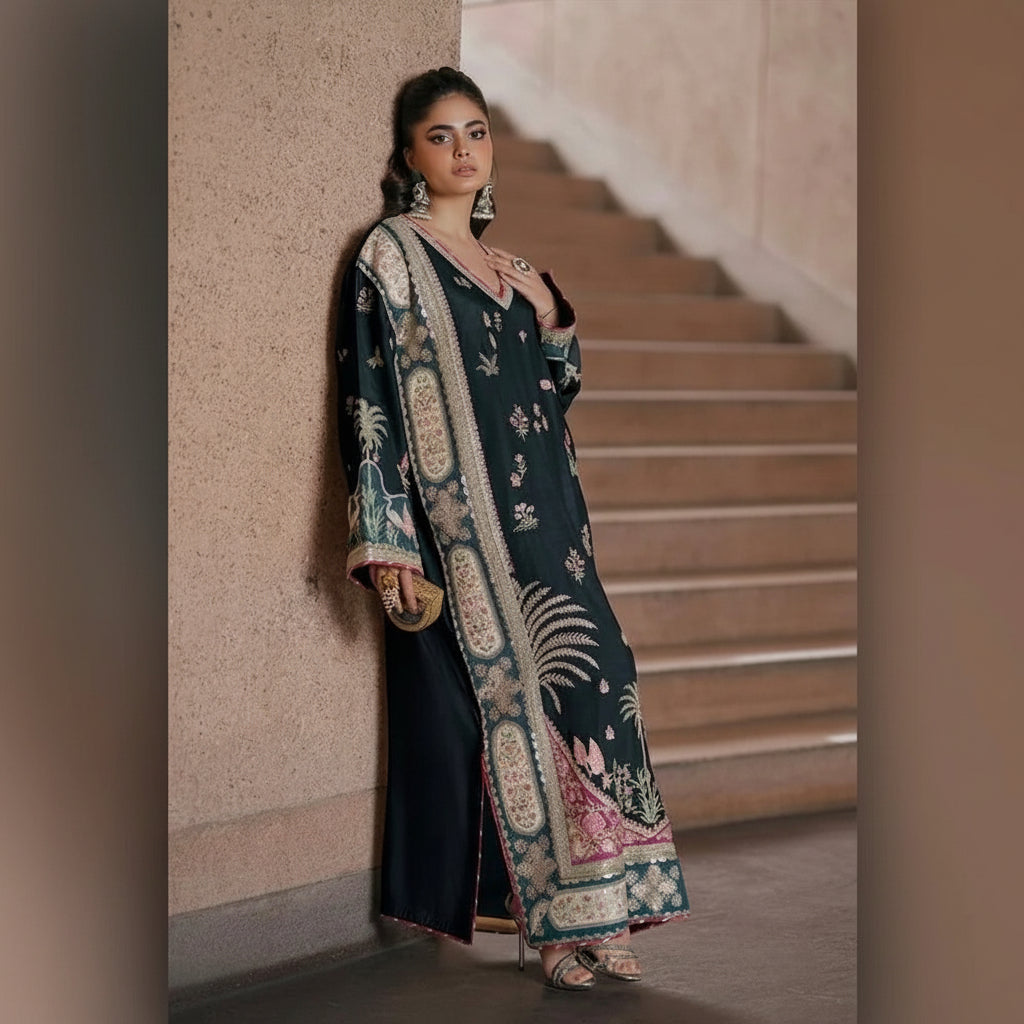 A woman models a dark teal embroidered kurta with beige, pink, and green floral patterns, leaning against a textured wall next to a staircase.