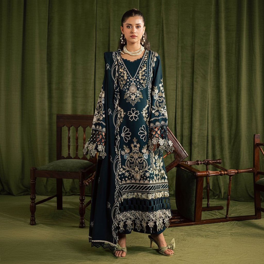 Woman wearing an embroidered traditional outfit against a green curtain background