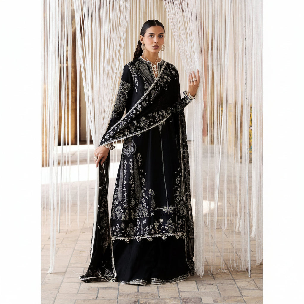 Woman in a black embroidered traditional outfit standing against a white curtain.