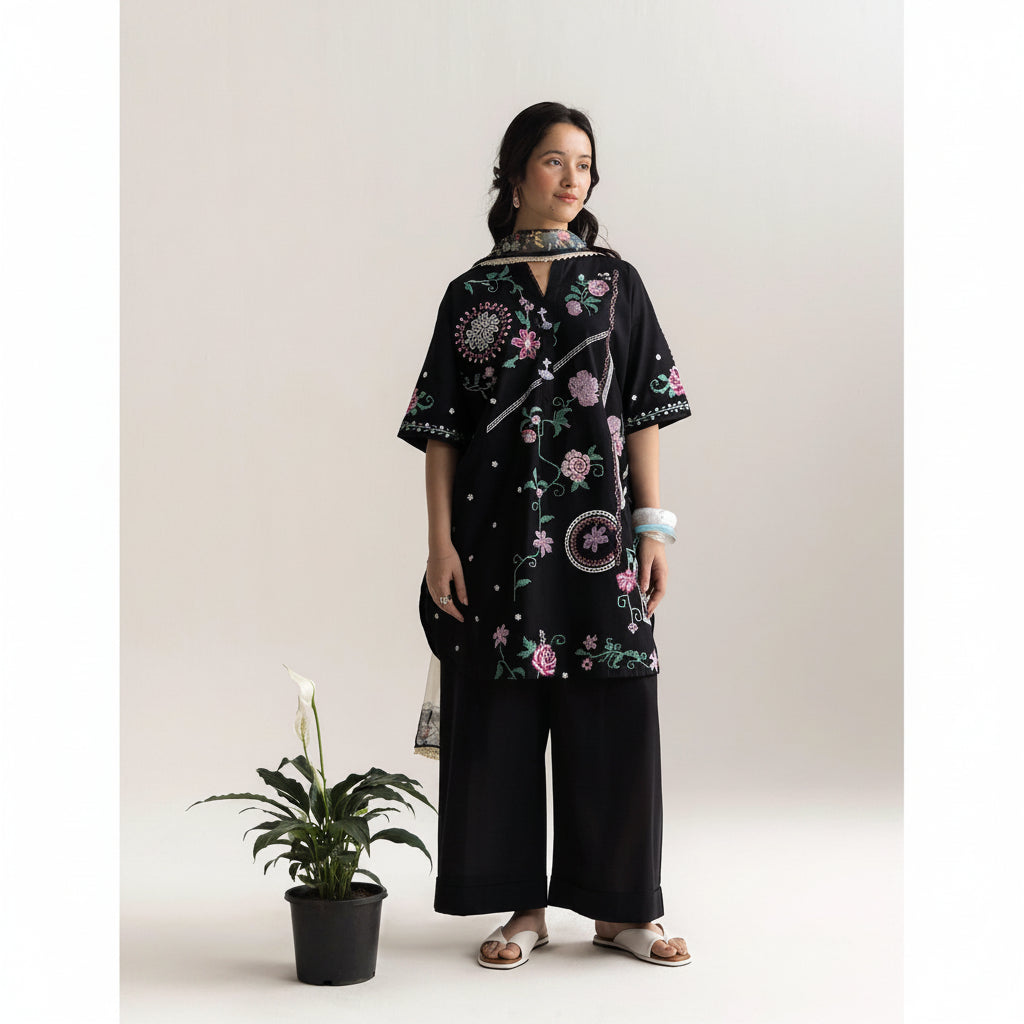 Woman wearing a black embroidered dress with wide-leg pants against a white background